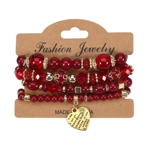 Stackable Crystal Beaded Bracelets for Women Boho Multi Layer Stretch Bracelets Natural Stone Bead Bracelet with Love Charm Jewelry for Women - Red 6.29Inch