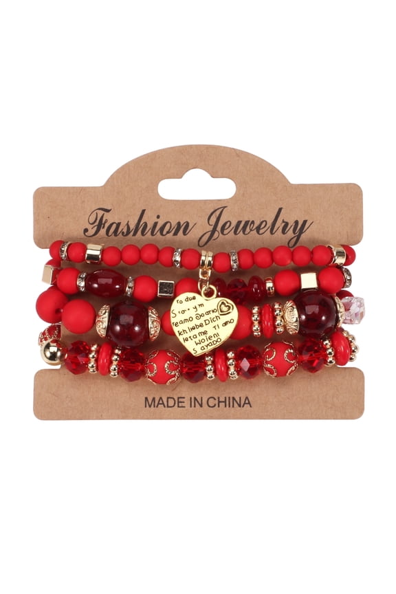 Stackable Crystal Beaded Bracelets for Women Boho Multi Layer Stretch Bracelets Natural Stone Bead Bracelet with Love Charm Jewelry for Women - Red 6.29Inch