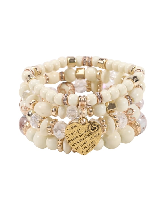 Stackable Crystal Beaded Bracelets for Women Boho Multi Layer Stretch Bracelets Natural Stone Bead Bracelet with Love Charm Jewelry for Women - White 6.29Inch