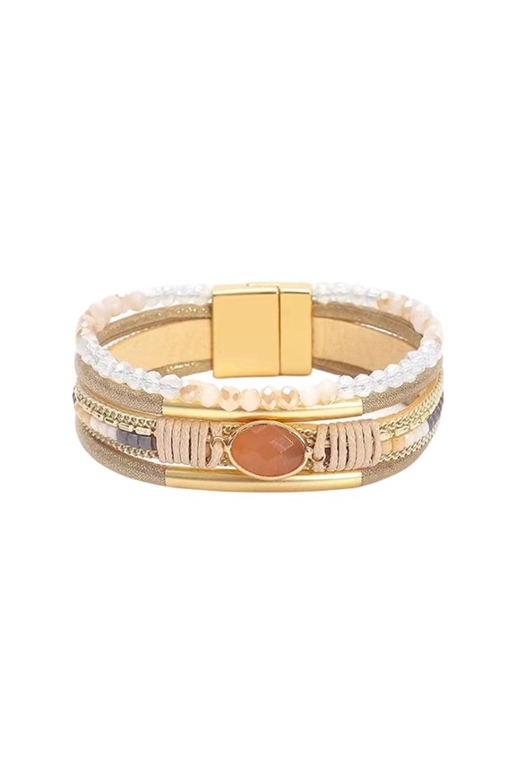 Stackable Crystals Beads Heart Leather for Women Bohemian Handmade Adjustable Cuff Western Gift