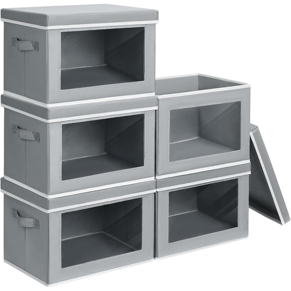Stackable Cube Bins with Lids and Clear Front Windows 5 Pack Grey