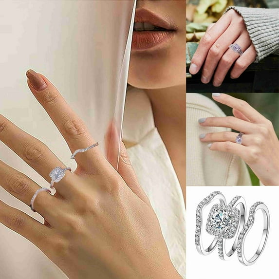 Stackable Cubic Zirconia Ring Set Elegant Wedding Band Engagement Promise Jewelry For Women Trendy Minimalist 3PCS