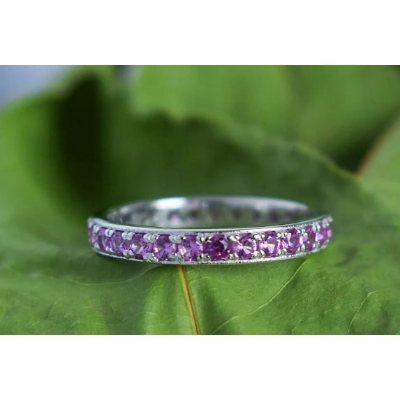 Stackable Dainty Ring Pink Sapphire Eternity Band Ring 925 Sterling Silver Gemstone Jewelry For Women Gift