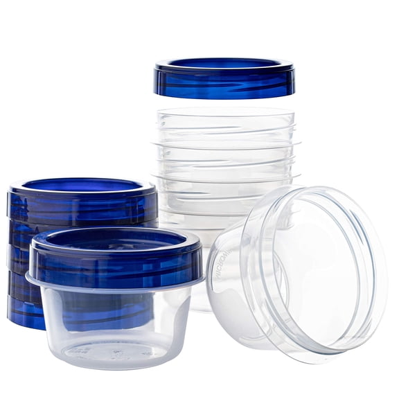 Stackable Deli Containers with Blue Twist On Lids, Clear Bottom Reusable Storage, Microwave Dishwasher Safe for Lunch, Grains, Freezer, 4 Oz (6 Pack), Clear