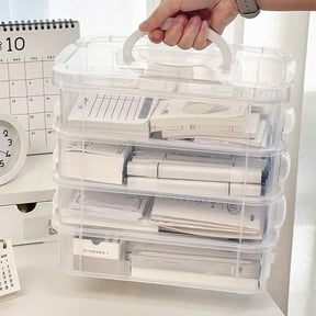 Stackable Desktop Storage Box, 4-Tier Plastic Layered Organizer – with Handle & Buckle, Large Opening, for Cosmetics, Stationery, Home – White, Green