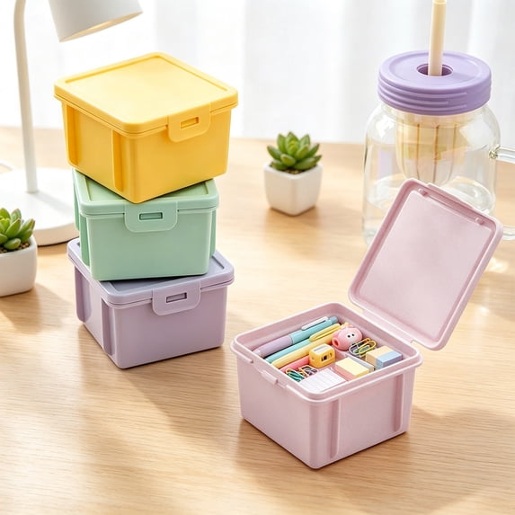 Stackable Desktop Storage Box with Buckled Lid, Plastic Organizer for Office Stationery, Compact Decorations for Tabletop, Muted Tone Fits Room, Topliu
