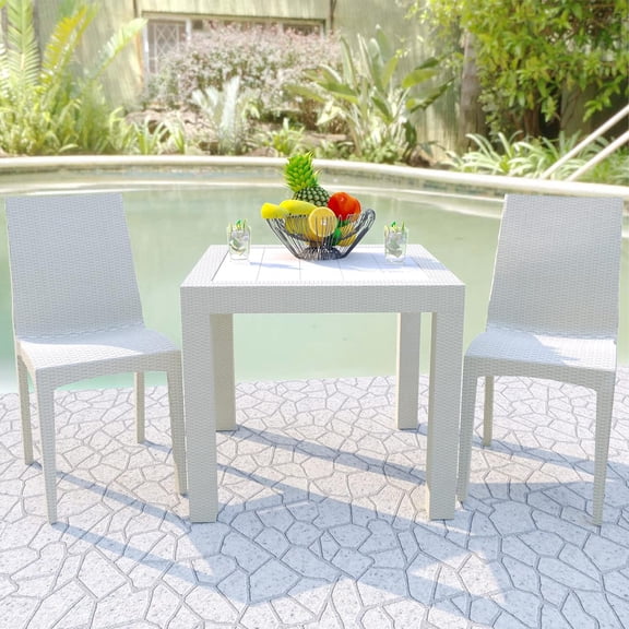 Stackable Dining Chair Set of 2, White All-Weather Resin Wicker Side Chair for Garden Balcony