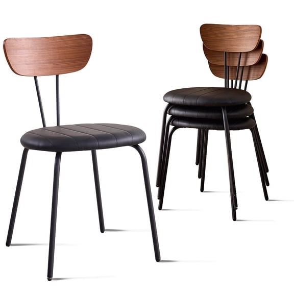 Stackable Dining Chairs Set of 4, Small Modern Kitchen Chair With Solid Wood Back, PU Leather Space Saving Chairs For Apartment, Living Room, Bedroom, Black