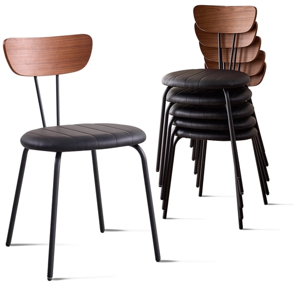 Stackable Dining Chairs Set of 6, Small Modern Kitchen Chair With Solid Wood Back, PU Leather Space Saving Chairs For Apartment, Living Room, Bedroom, Black