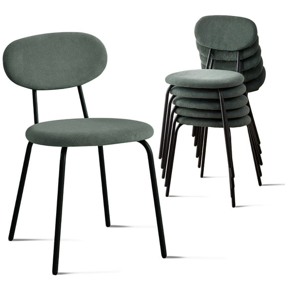 Stackable Dining Chairs Set of 6, Small Modern Kitchen Chair with Metal Legs, Space Saving Fabric Chairs for Apartment, Dining Living Room, Green