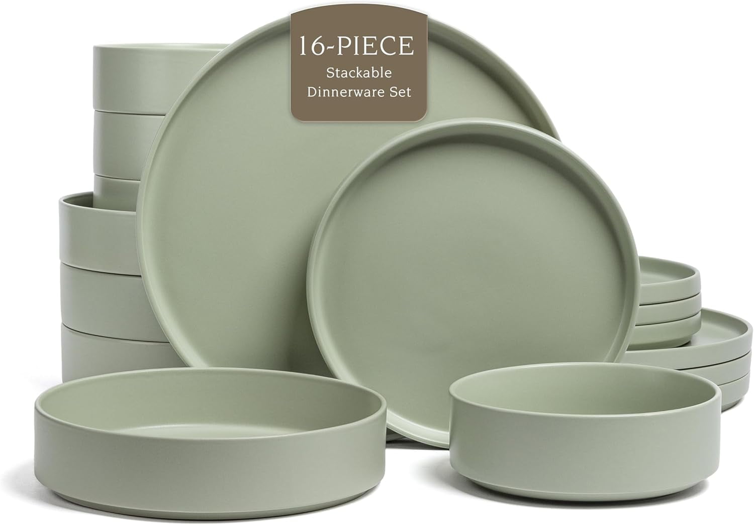 Stackable Dinnerware Dish Set - Stoneware Dishes - Includes 4 Dinner Plates, 4 Salad Plates, 4 Cereal Bowls, and 4 Dinner Bowls - All-Occasion Place Settings - Semi-Matte Sage