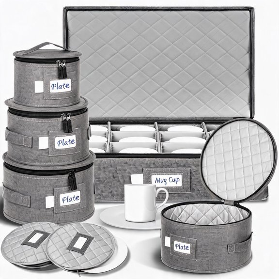 Stackable Dinnerware Storage Containers with Felt Dividers and Lids for 12 Place Settings