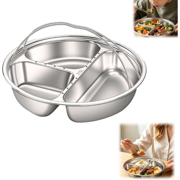 Stackable Divided Steamer Plate, with Handles, Stainless Steel