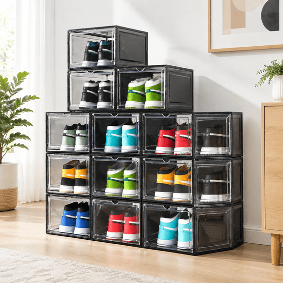 Stackable Drop Front Plastic Shoe Storage Boxes, Fits Up To Size 12 Sneakers