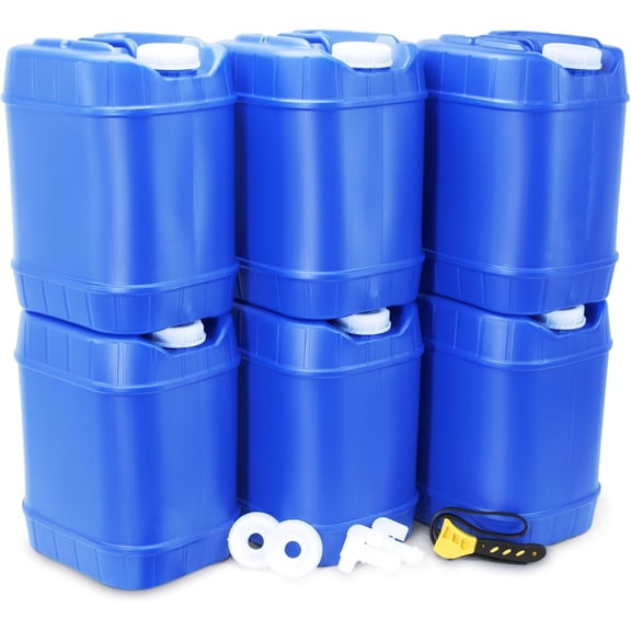 Stackable Emergency Water Storage Containers, Six Pack Five Gallon Food Grade Water Tanks, Heavy Duty Blue Light Blocking Liquid Holding Buckets With Spigot For Camping Outdoor Survival