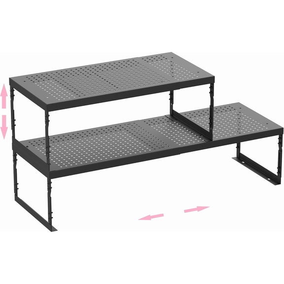 Stackable Expandable Metal Shelf Organizer Adjustable Wire Storage Rack 2 Pack Large Black