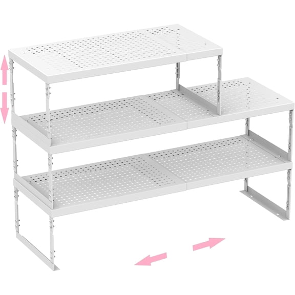 Stackable Expandable Metal Shelf Organizer - Adjustable Wire Storage Rack with Holes for Kitchen, Bathroom, Cabinet, Office - Space Saving, Durable & Sturdy Design(3PACKS/Large/White