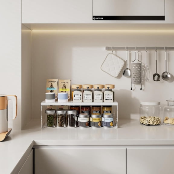 Stackable Expandable Metal Shelf Organizer - Adjustable Wire Storage Rack with Holes for Kitchen, Bathroom, Cabinet, Office - Space Saving,  & Sturdy Design