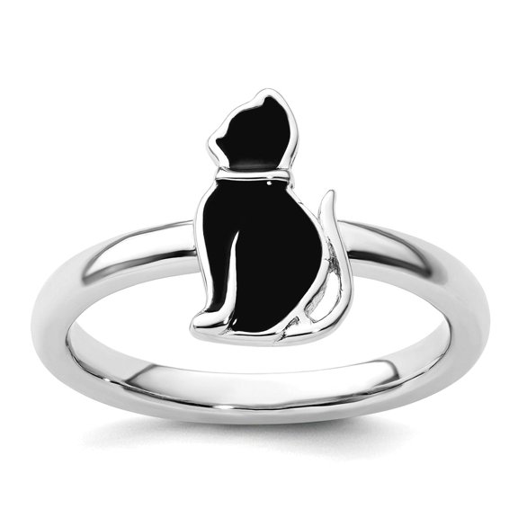 925 Sterling Silver Polished Black Enameled Cat Stackable Ring Size 5 Stackable Ring for Women