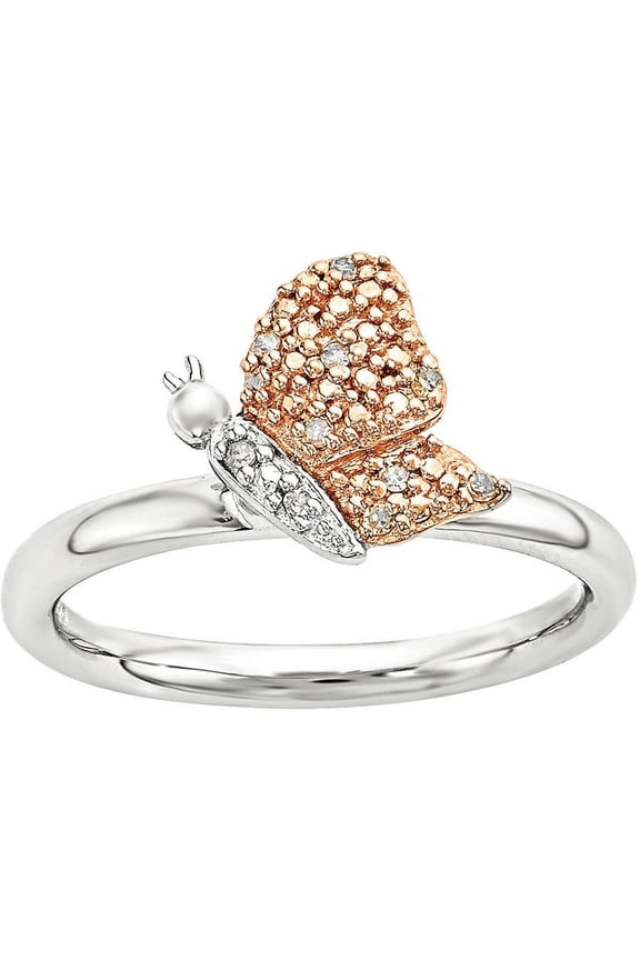 Sterling Silver Diamond and Rose Gold-plated Butterfly Ring