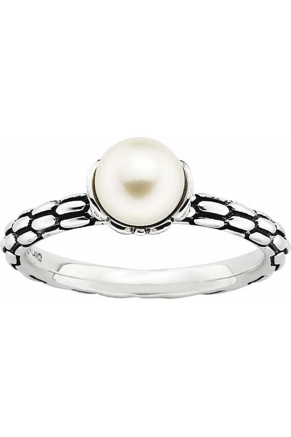 Sterling Silver Patterned White Fresh Water Cultured Pearl Ring