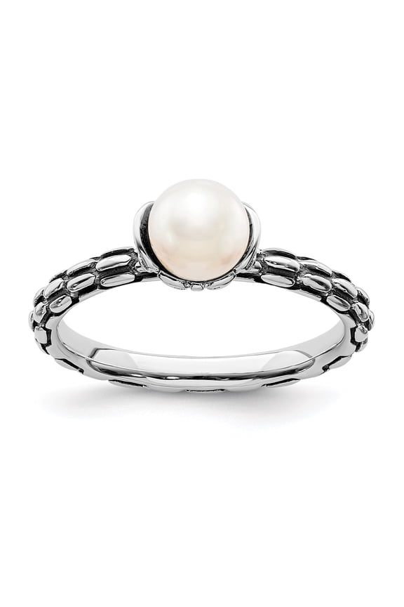 Sterling Silver Patterned White Freshwater Cultured Pearl Ring