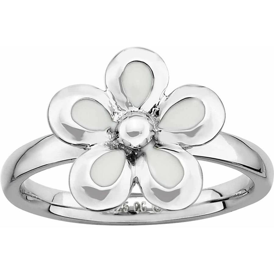 Stackable Expressions Sterling Silver White Enameled Flower Ring