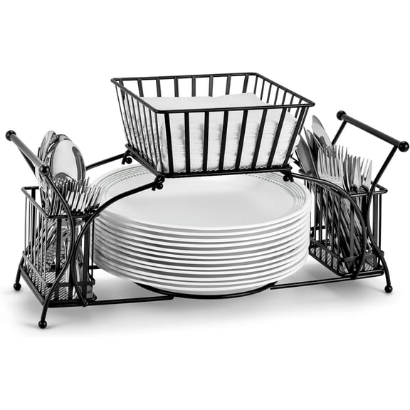 Stackable Flatware Caddy and Tabletop Organizer for Napkins, Cutlery, Plates — Ideal for Dining Table, Kitchen, Buffet, and Entertaining in Black