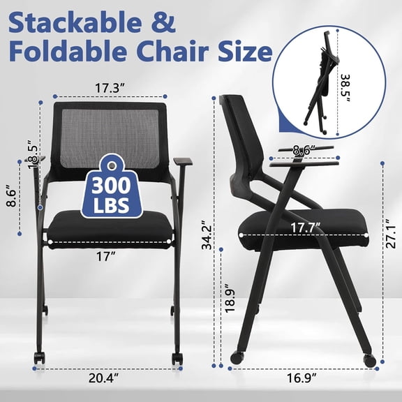 Stackable Foldable Conference Room Chairs with Wheels, Portable Padded Office Desk Chair with Lumbar Support and Armrest for Training Room, Guest, Reception, Black (1pk)