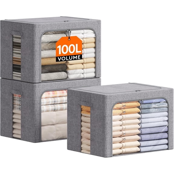 Stackable Foldable Fabric Storage Bins with Metal Frame, Lids, Clear Windows, Zippers, and Sturdy Handles  Light Gray, 100L, 3-Pack