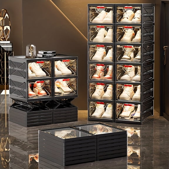 Stackable, Foldable Shoe Storage Box with a Transparent Flip-Top for Easy Access, Designed to Save Space