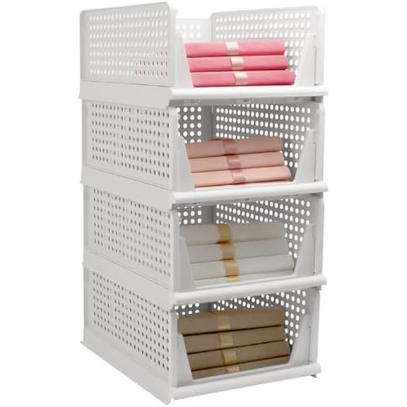 Stackable Foldable Storage Baskets, Folding Storage Bins, Closet Organizers and Plastic Drawer Shelf Storage Container for Wardrobe, Cupboard, Kitchen, Bathroom, Office (White, 4L)