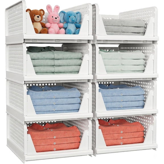 Stackable Foldable Storage Drawer Bins, Hard PP Plastic Pull Out Organizer with Sliding Rails, Multipurpose Space-Saving Storage Boxes for Bedroom Closet, Kitchen, Bathroom, Office, 16.6" x 13.1" x 7