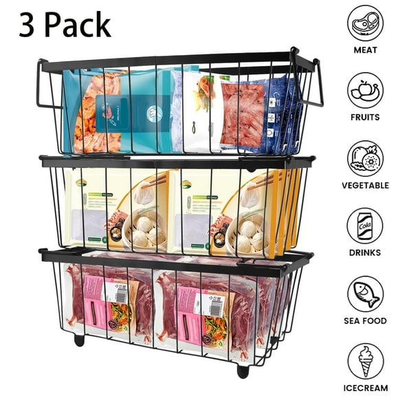 Stackable Freezer organizers, 3Pack Food Classification Storage Basket for 7 Cu, Metal Wire Storage Box Freezes Quickly and Is Easy to Take Out, Black