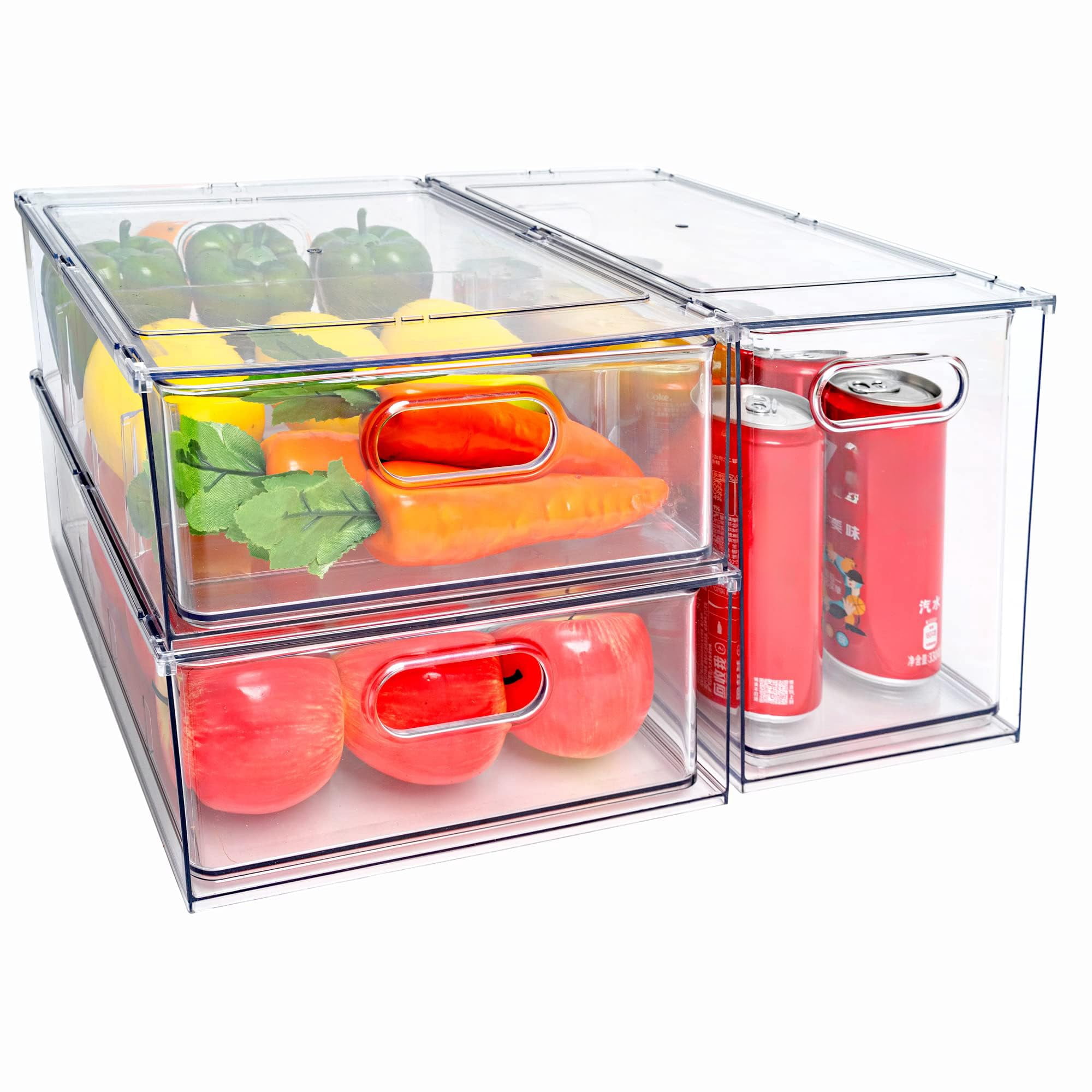 Stackable Fridge Drawer Pull-out Bins With Handles 3 Pack Large Clear Food Container Removable Dividers Refrigerator Storage Box Divided Produce Saver For Pantry Kitchen