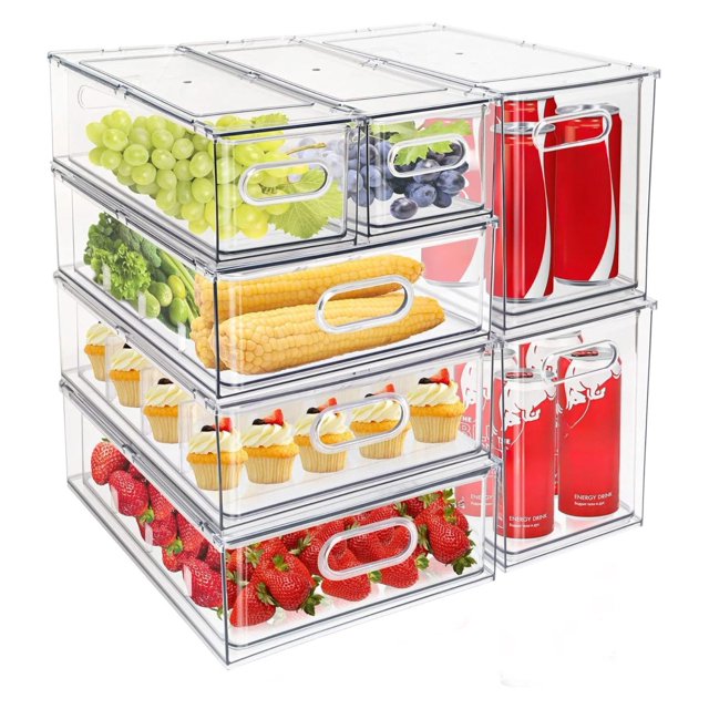 Stackable Fridge Drawers Pull Out Bins with Handle Clear Refrigerator