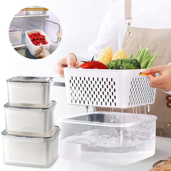 Stackable Fridge Food Storage Containers 6 Pack, Freshness Boxes with Detachable Filter Insert, Sealed Lid for Fruits Vegetables Meat, Space Saving Kitchen Organizer for Meal Prep,Gary