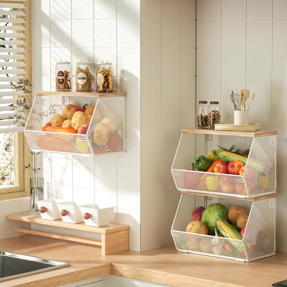 Stackable Fruit Basket for Kitchen Countertop Space Saving, Wall Mounted Mesh Metal Wire Basket with Wood Lid Extra Storage, 2 Pack Kitchen Counter Organizer for Snack, Onion and Potato Storage