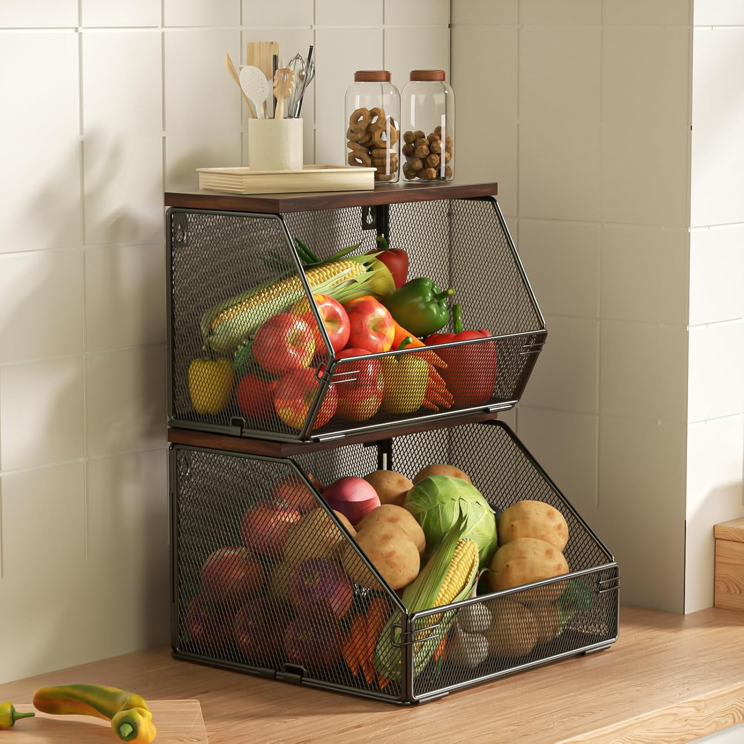 Stackable Fruit Basket for Kitchen Countertop Space Saving, Wall Mounted  Mesh Metal Wire Baskets with Wood Lid Extra Storage, 2 Pack Kitchen Counter  Organizer for Snack, Onion and Potato Storage - Walmart.com, image size:1500x1500