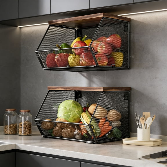 Stackable Fruit Basket for Kitchen Countertop, Wall Mounted Mesh Metal Wire Baskets with Wood Lid, Kitchen Counter Organizer for Snack, Onion and Potato Storage, 2 Pack