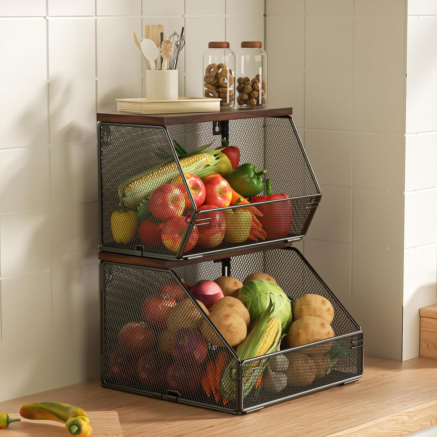 Stackable Fruit Basket Wire Baskets with Wood Lid, Wall Mounted Produce