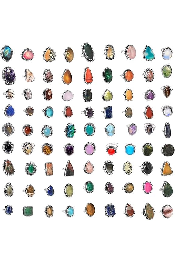 Stackable Gemstone Silver Ring Set for Women  10 Pcs Silver Plated Handmade Vintage Gothic Statement Rings  Fashion Jewelry for Women