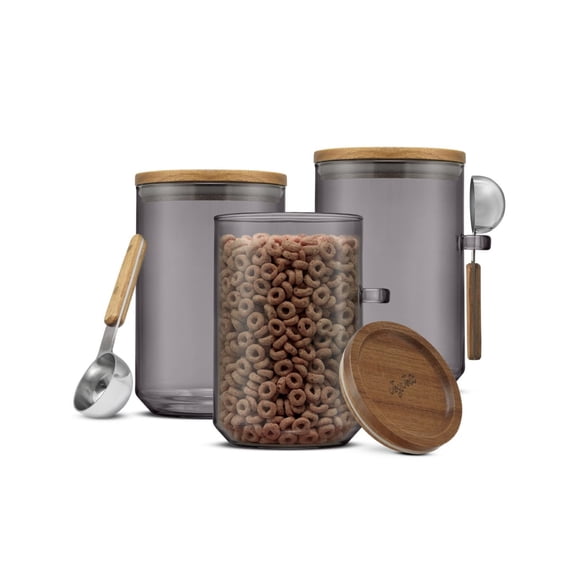 Stackable Glass Storage Canister with Wood Lids and Scoops, Set of 3