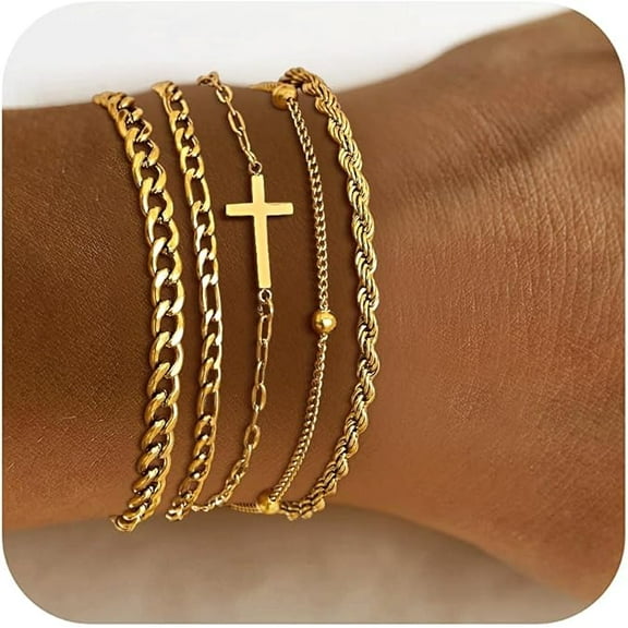 Stackable Gold Cross Bracelets for Women, 14k Gold Plated Layered Bracelet, Snake Cuban Chain, Christian Bracelet 5 Pack Womens Trendy Jewelry Gifts for Her Mom Girlfriend Wife