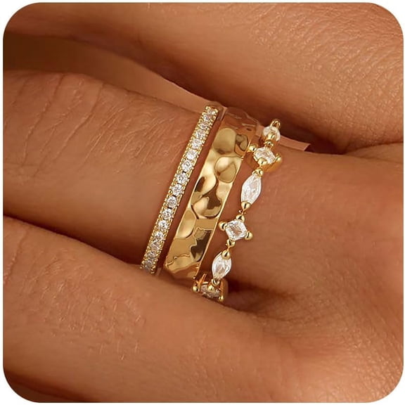 Stackable Gold Rings for Women Non Tarnish Chunky 14K Gold Plated Rings that Don't Tarnish Engagement Cubic Zirconia Ring Set Stack Dainty Pinky Wedding Bands Thumb Rings Gold Jewelry Size 6-10