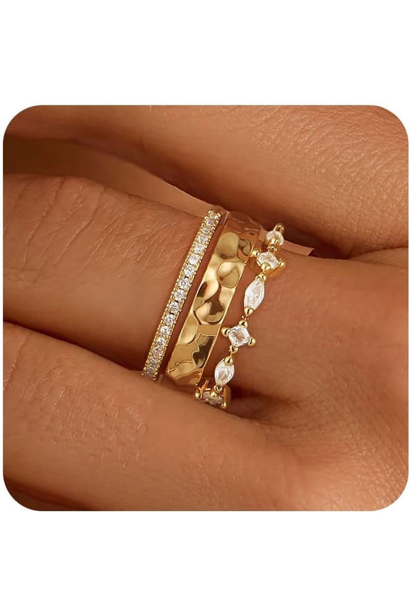 Stackable Gold Rings for Women Non Tarnish Chunky 14K Gold Plated Rings that Don't Tarnish Engagement Cubic Zirconia Ring Set Stack Dainty Pinky Wedding Bands Thumb Rings Gold Jewelry Size 6-10