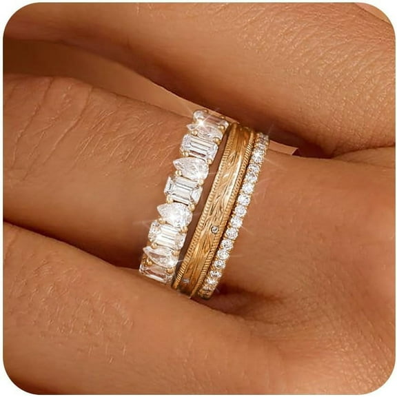 Stackable Gold Rings for Women Non Tarnish Chunky 14K Gold Plated Rings that Don't Tarnish Engagement Cubic Zirconia Ring Set Stack Dainty Pinky Wedding Bands Thumb Rings Gold Jewelry Size 6-11