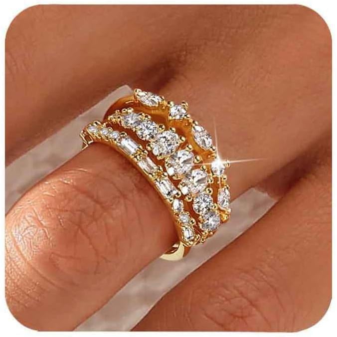 YEEZII 14K Gold Plated Stacking Rings For Women - Dainty Non-Tarnish Cubic Zirconia Knuckle & Thumb Rings Set (Sizes 6-10)