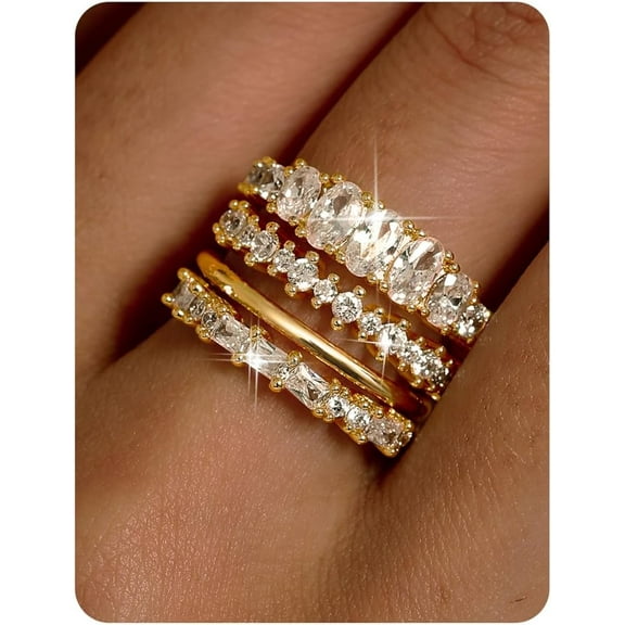 Stackable Gold Rings for Women Non Tarnish - Dainty Cubic Zirconia Wedding Bands Ring Set Minimalist Trendy Statement Engagement Promise Thumb Rings Stacking Size 6-10