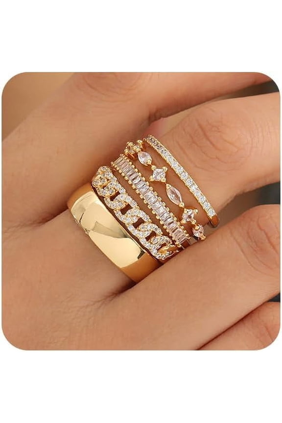 Stackable Gold Rings for Women Non Tarnish Trendy Dainty 14K Gold Plated Stacking Cubic Zirconia Thumb Ring Set Pack Statement Chunky Band Rings Promise Engagement Rings Size 7 8 9 10 11